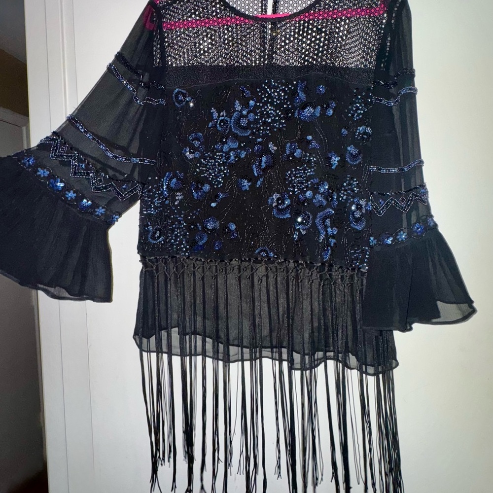 Elie Tahari Women's Aislin Embellished Sheer Silk Blouse with Fringe Hem